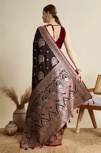 Maroon woven satin saree with blouse piece