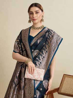 Navy blue woven satin saree with blouse piece 2