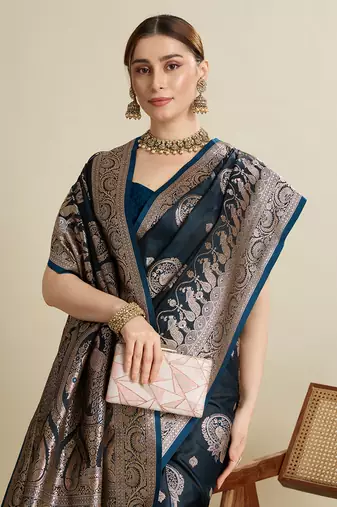 Navy blue woven satin saree with blouse piece