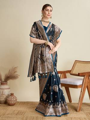 Navy blue woven satin saree with blouse piece 3