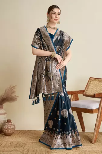 Navy blue woven satin saree with blouse piece