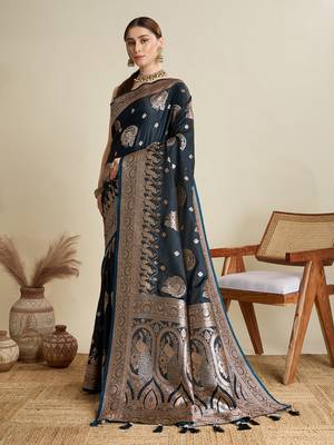 Navy blue woven satin saree with blouse piece 4