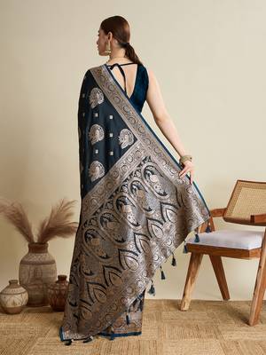 Navy blue woven satin saree with blouse piece 5
