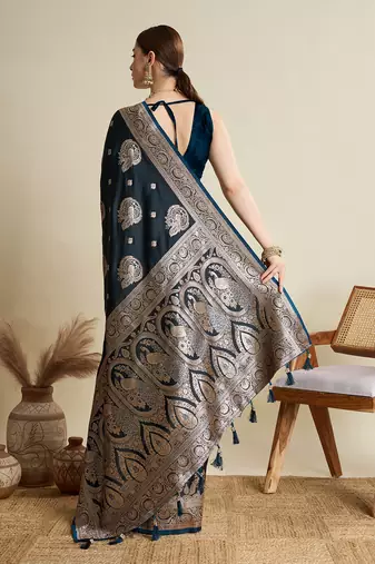Navy blue woven satin saree with blouse piece