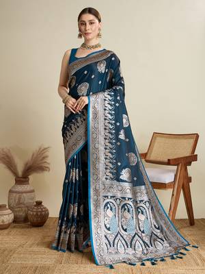 Teal woven satin saree with blouse piece 1