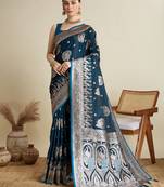 Teal woven satin saree with blouse piece