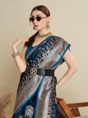 Teal woven satin saree with blouse piece 2