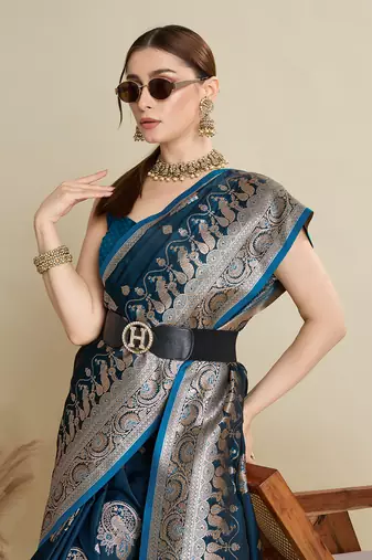 Teal woven satin saree with blouse piece