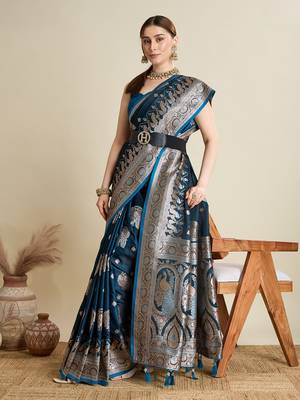Teal woven satin saree with blouse piece 3