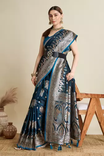 Teal woven satin saree with blouse piece
