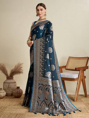 Teal woven satin saree with blouse piece 4