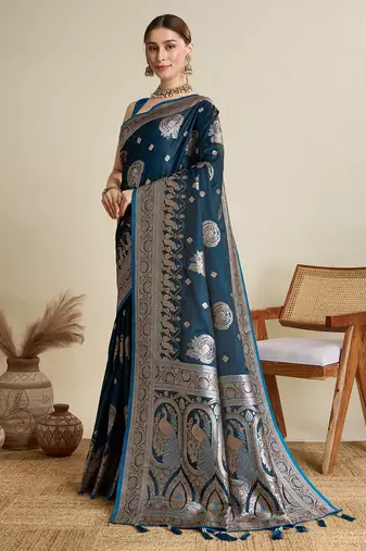 Teal woven satin saree with blouse piece