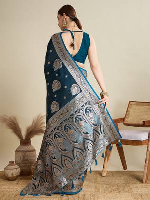 Teal woven satin saree with blouse piece 5