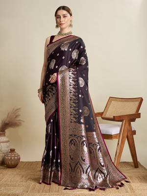 Wine woven satin saree with blouse piece 1