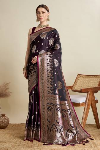 Wine woven satin saree with blouse piece