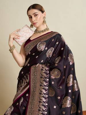 Wine woven satin saree with blouse piece 2