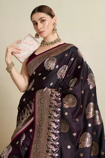 Wine woven satin saree with blouse piece