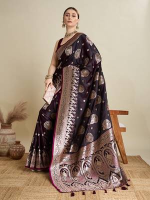 Wine woven satin saree with blouse piece 3