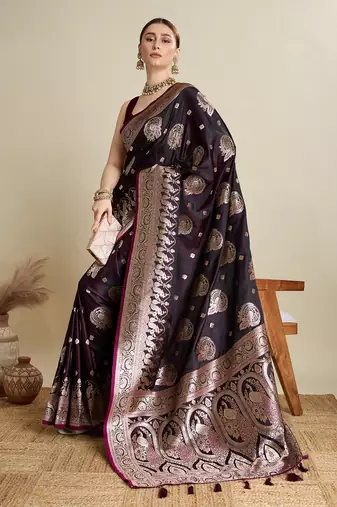 Wine woven satin saree with blouse piece