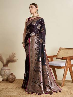 Wine woven satin saree with blouse piece 4