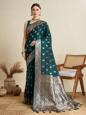 Dark green woven satin saree with blouse piece 1