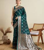 Dark green woven satin saree with blouse piece