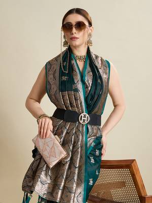 Dark green woven satin saree with blouse piece 2