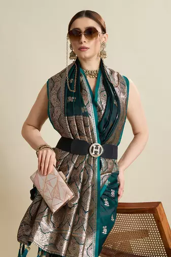 Dark green woven satin saree with blouse piece