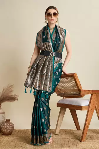 Dark green woven satin saree with blouse piece