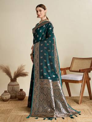 Dark green woven satin saree with blouse piece 4