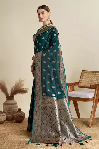 Dark green woven satin saree with blouse piece
