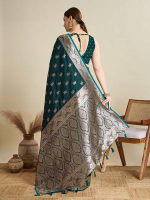 Dark green woven satin saree with blouse piece 5