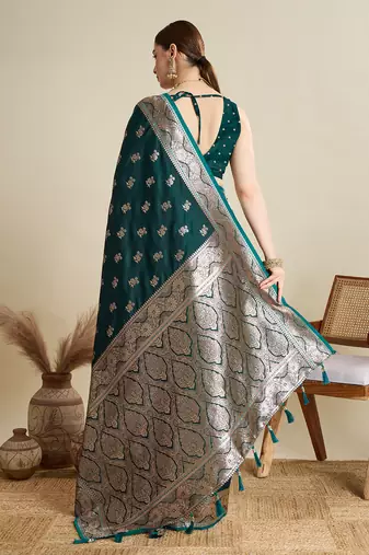 Dark green woven satin saree with blouse piece