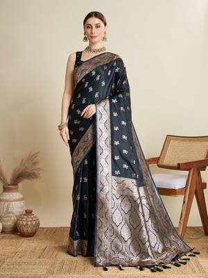 Navy blue woven satin saree with blouse piece 1