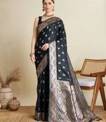 Navy blue woven satin saree with blouse piece