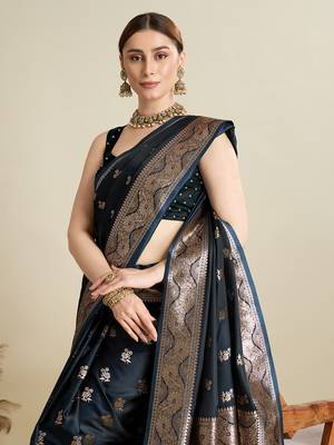 Navy blue woven satin saree with blouse piece 2