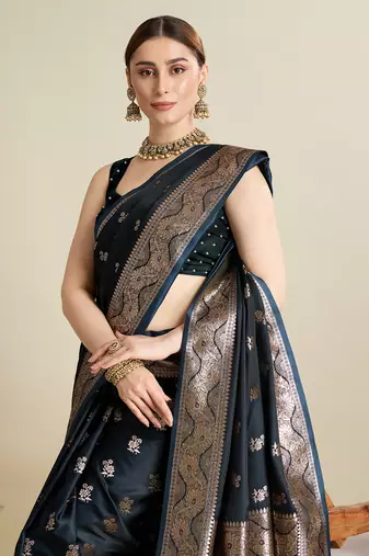 Navy blue woven satin saree with blouse piece