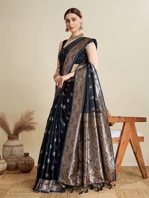 Navy blue woven satin saree with blouse piece 3