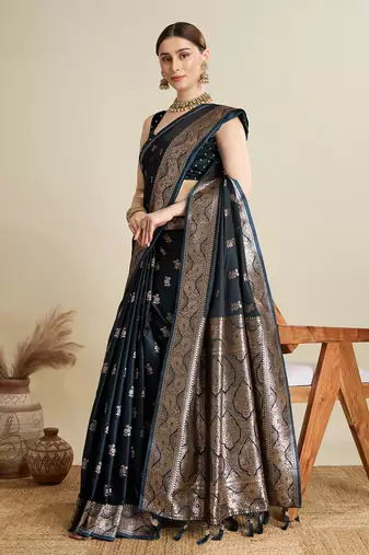 Navy blue woven satin saree with blouse piece