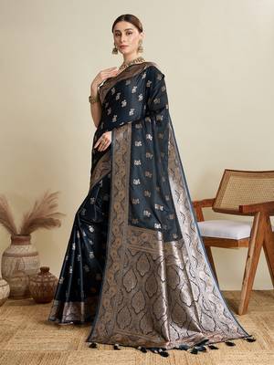 Navy blue woven satin saree with blouse piece 4
