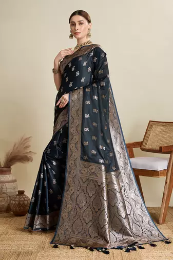 Navy blue woven satin saree with blouse piece