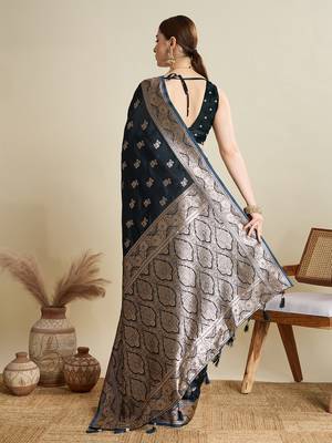 Navy blue woven satin saree with blouse piece 5