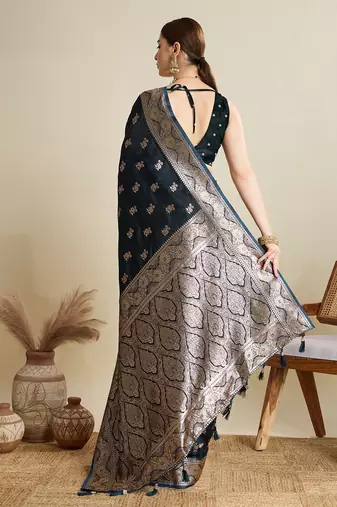 Navy blue woven satin saree with blouse piece