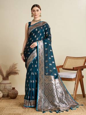 Teal woven satin saree with blouse piece 1