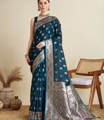 Teal woven satin saree with blouse piece