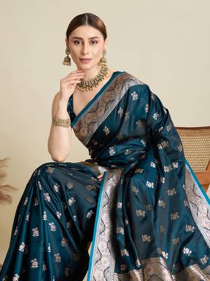 Teal woven satin saree with blouse piece 2
