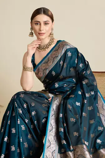 Teal woven satin saree with blouse piece