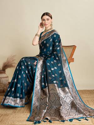 Teal woven satin saree with blouse piece 3