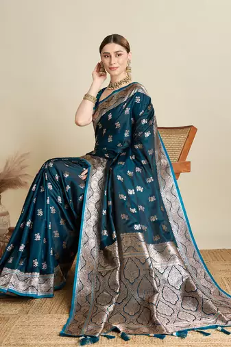 Teal woven satin saree with blouse piece