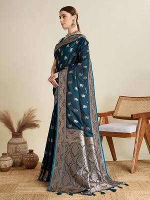 Teal woven satin saree with blouse piece 4